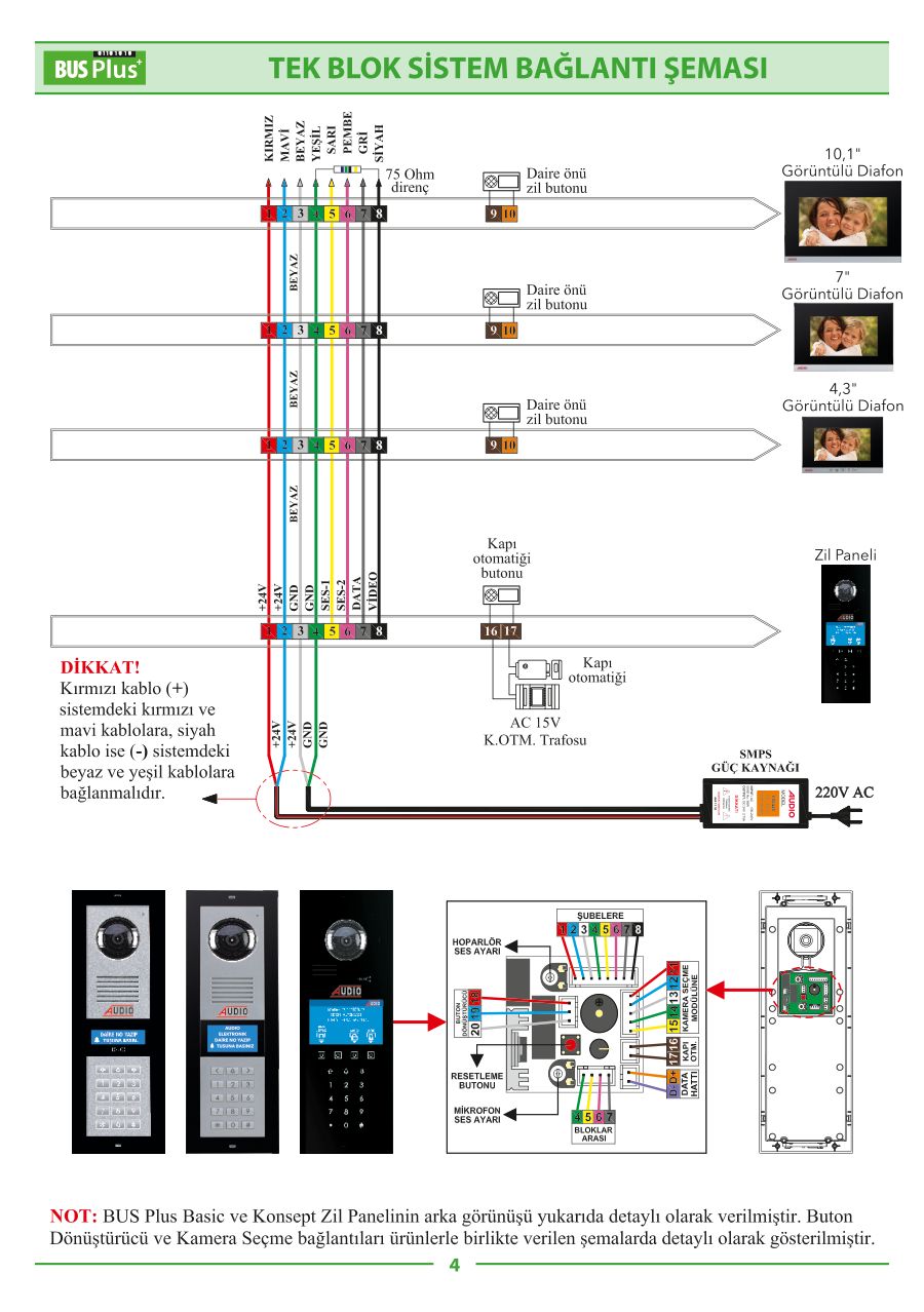 Audio BUS PLUS 4,3" Dokunmatik Buton Zil Paneli Bağlantı Şeması, Montaj ve Kullanım Kılavuzu — örnek sayfa