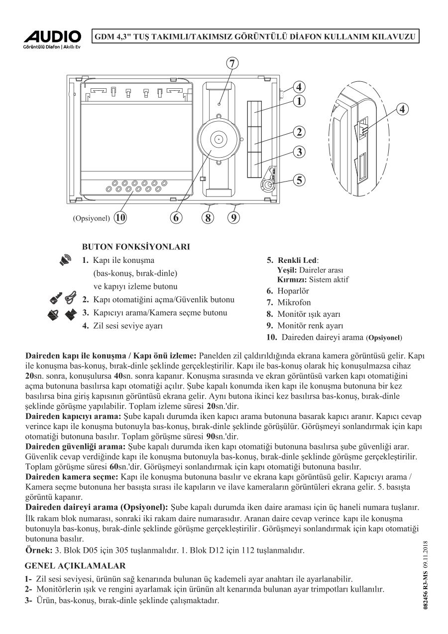 Audio GDM 4,3" Tuş Takımlı Görüntülü Diafon Kullanım Kılavuzu ve Montaj Şeması — örnek sayfa