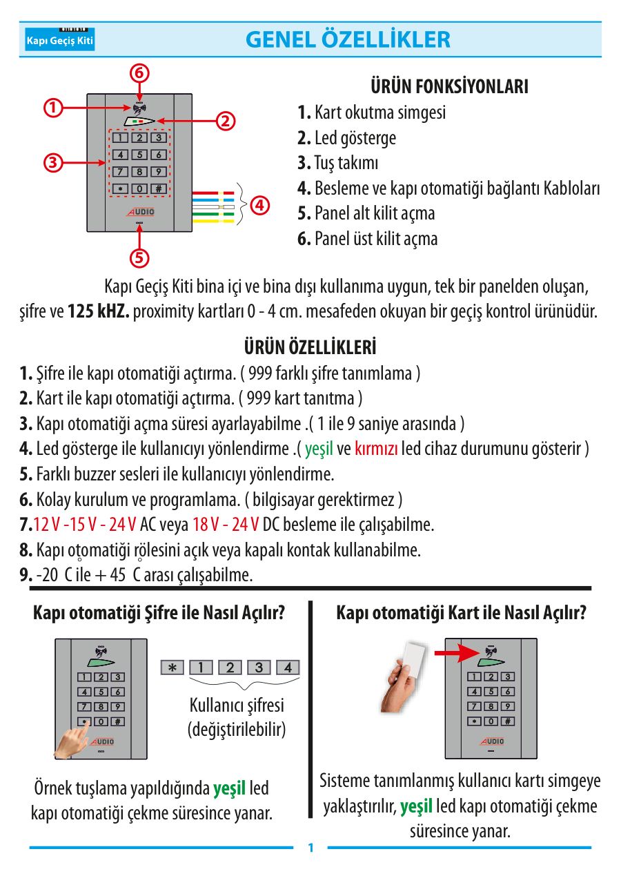 Audio Şifreli – Kartlı Kapı Geçiş Kiti Bağlantı, Montaj ve Kullanım Kılavuzu — örnek sayfa