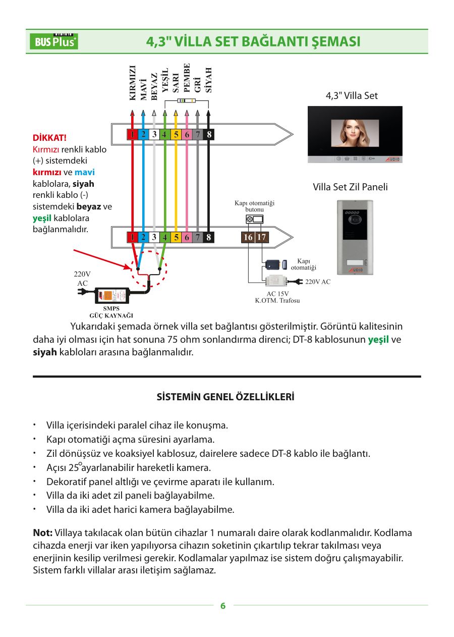 Audio 4,3" Görüntülü Diafon Villa Kit Bağlantı Şeması, Montaj ve Kullanım Kılavuzu (Mekanik Buton Handsfree) — örnek sayfa